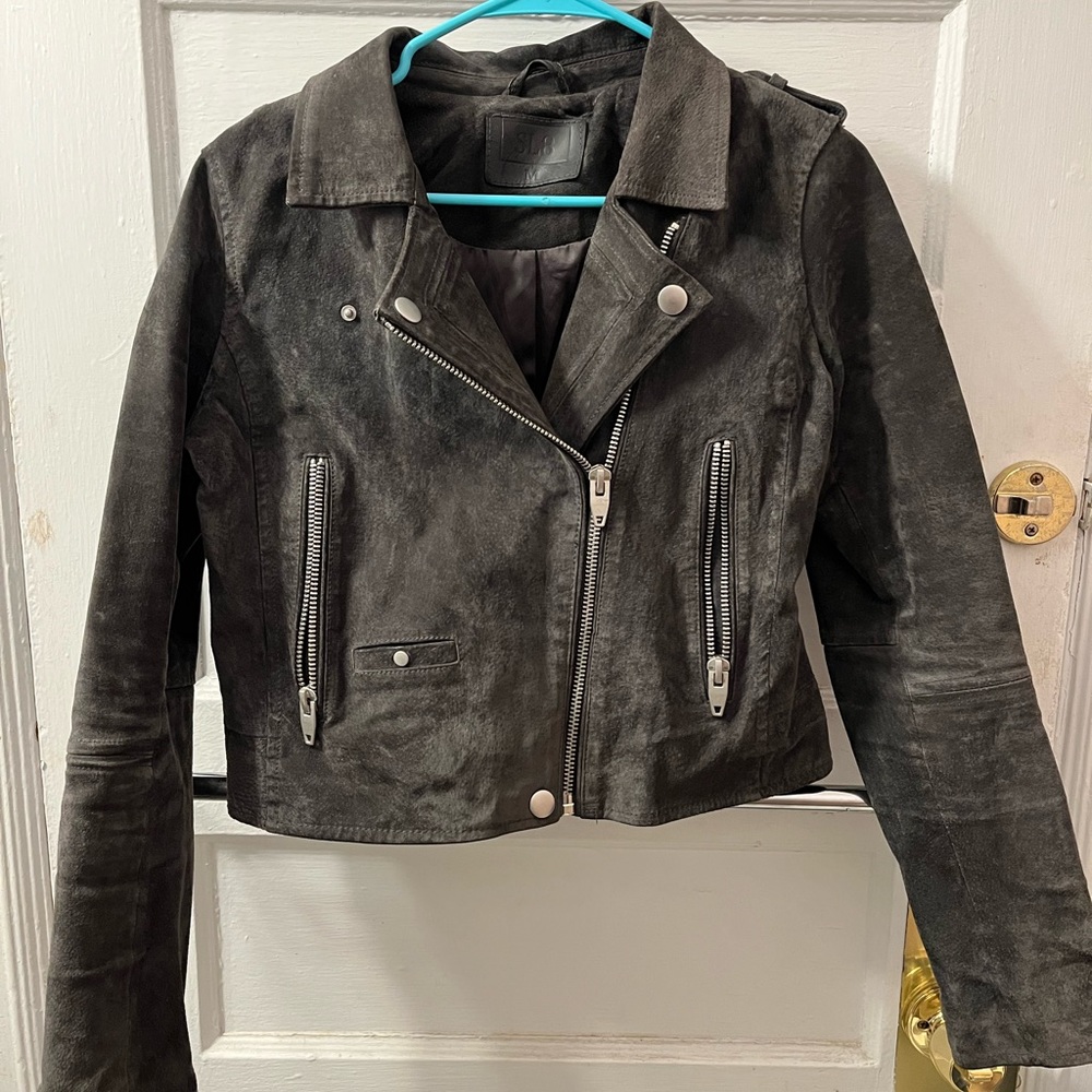 Blank NYC grey suede leather motorcycle jacket